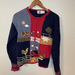 Vintage EUC 1990s Heartstrings Farm Cardigan Sweater Size 14/16 Cow Chicken